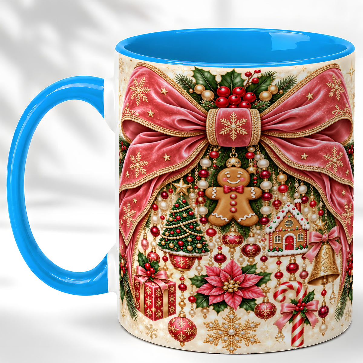 #pl[11oz|Blue] Christmas Bow Coffee Mug, Festive Ribbon Mug, Ceramic Cup