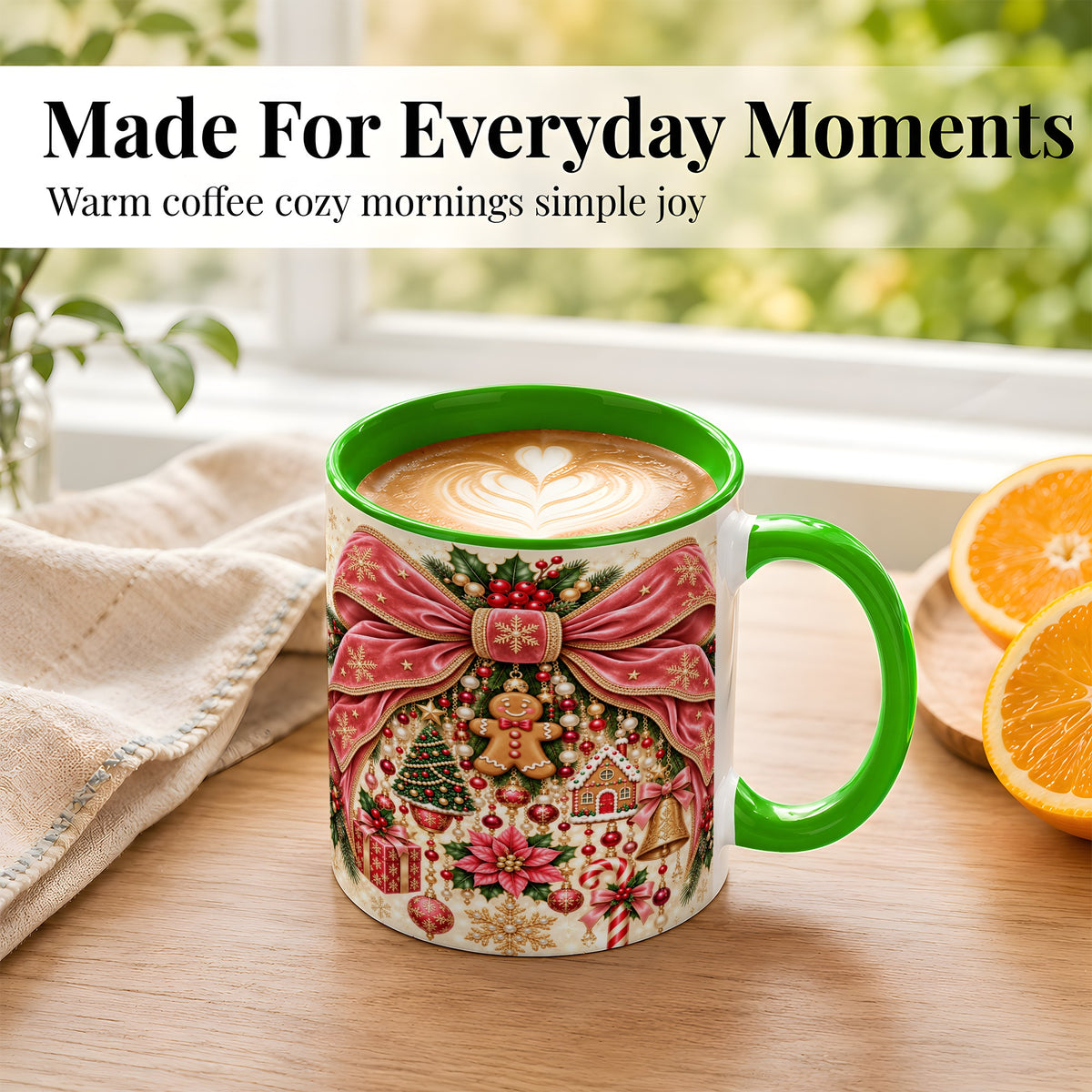 #pl[11oz|Green] Christmas Bow Coffee Mug, Festive Ribbon Mug, Ceramic Cup