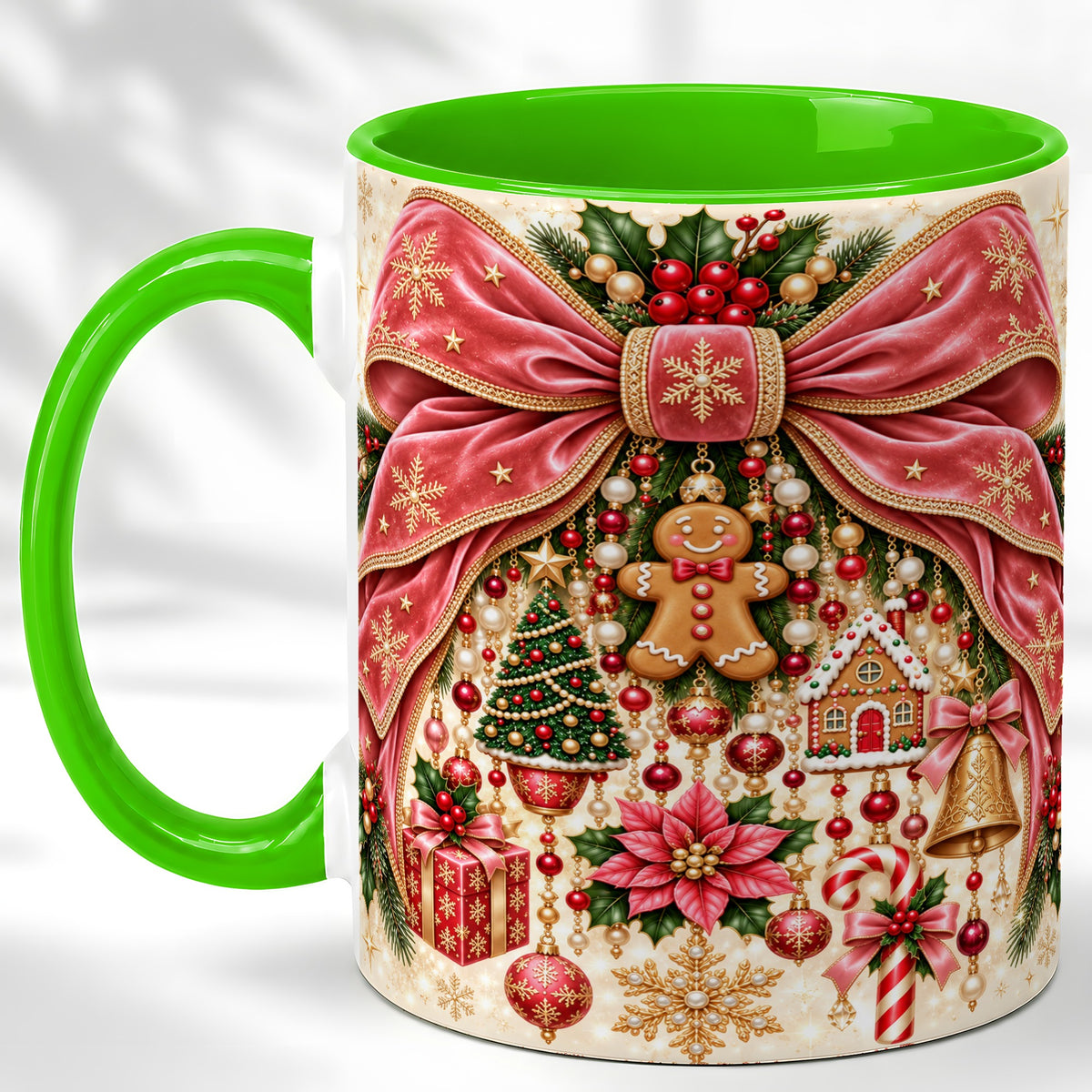 #pl[11oz|Green] Christmas Bow Coffee Mug, Festive Ribbon Mug, Ceramic Cup