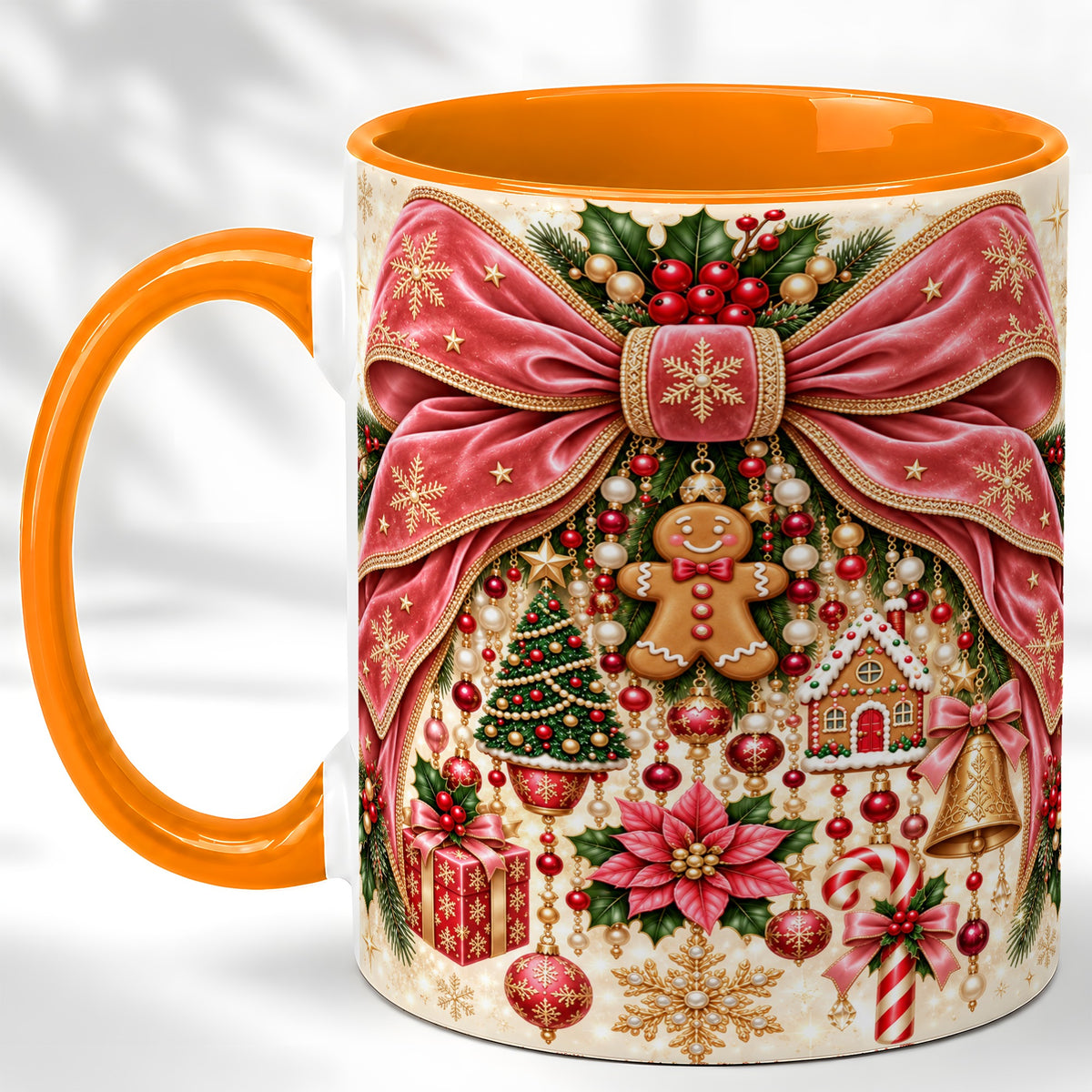 #pl[11oz|Orange] Christmas Bow Coffee Mug, Festive Ribbon Mug, Ceramic Cup