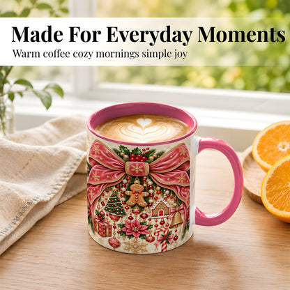 #pl[11oz|Pink] Christmas Bow Coffee Mug, Festive Ribbon Mug, Ceramic Cup