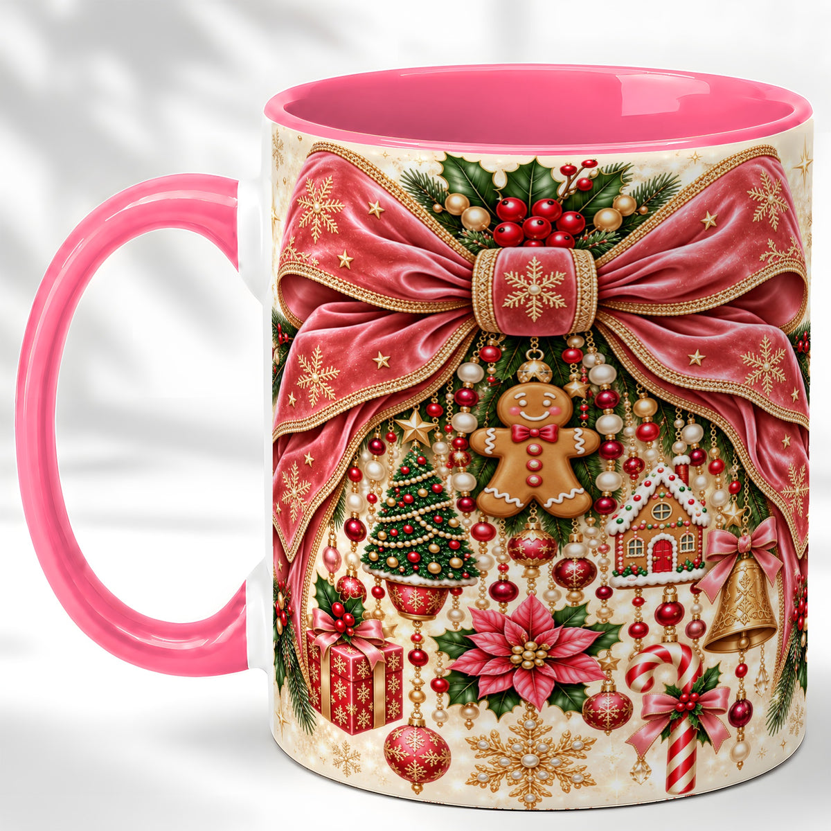 #pl[11oz|Pink] Christmas Bow Coffee Mug, Festive Ribbon Mug, Ceramic Cup