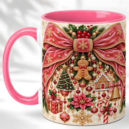 #pl[11oz|Pink] Christmas Bow Coffee Mug, Festive Ribbon Mug, Ceramic Cup