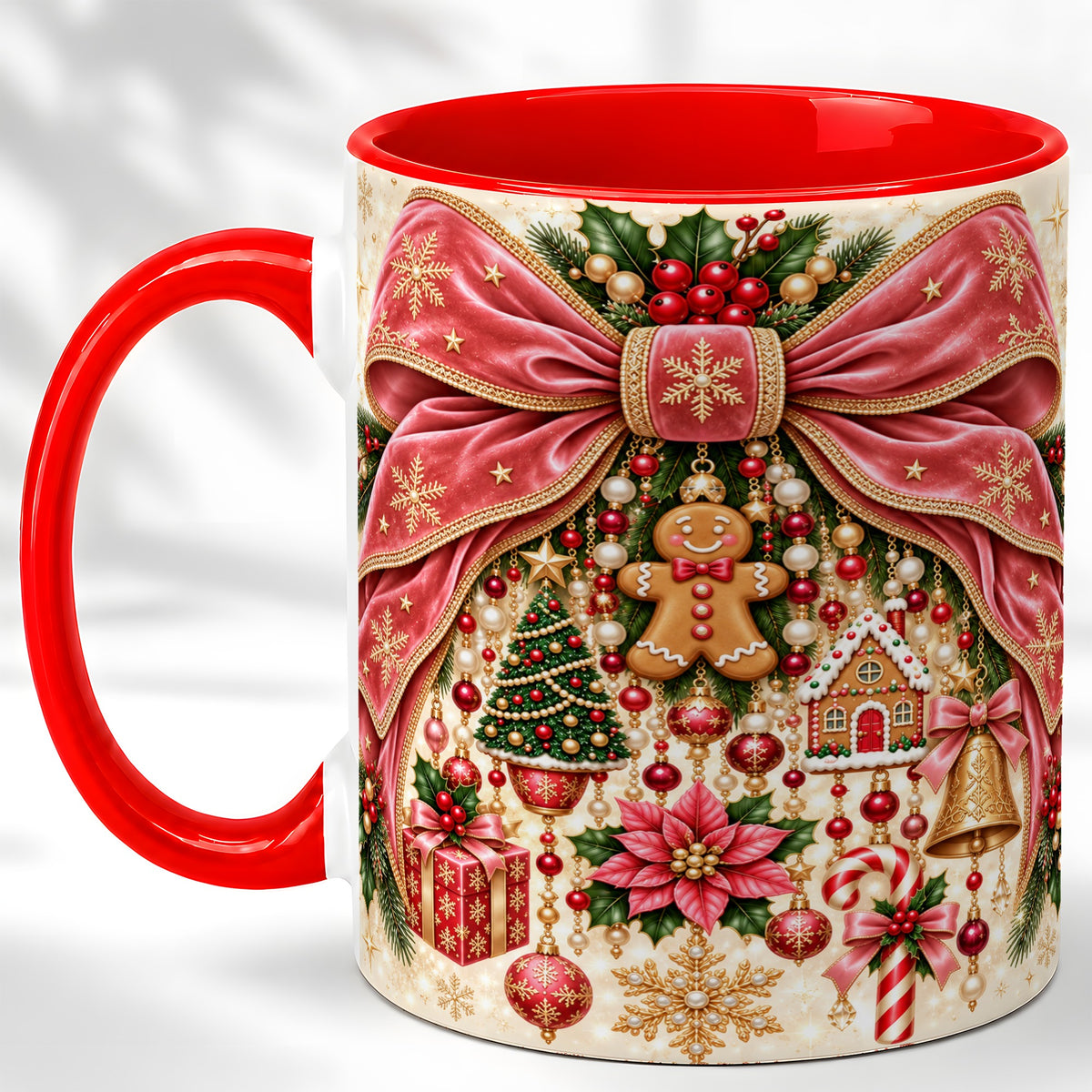 Christmas Bow Coffee Mug, Festive Ribbon Mug, Ceramic Cup
