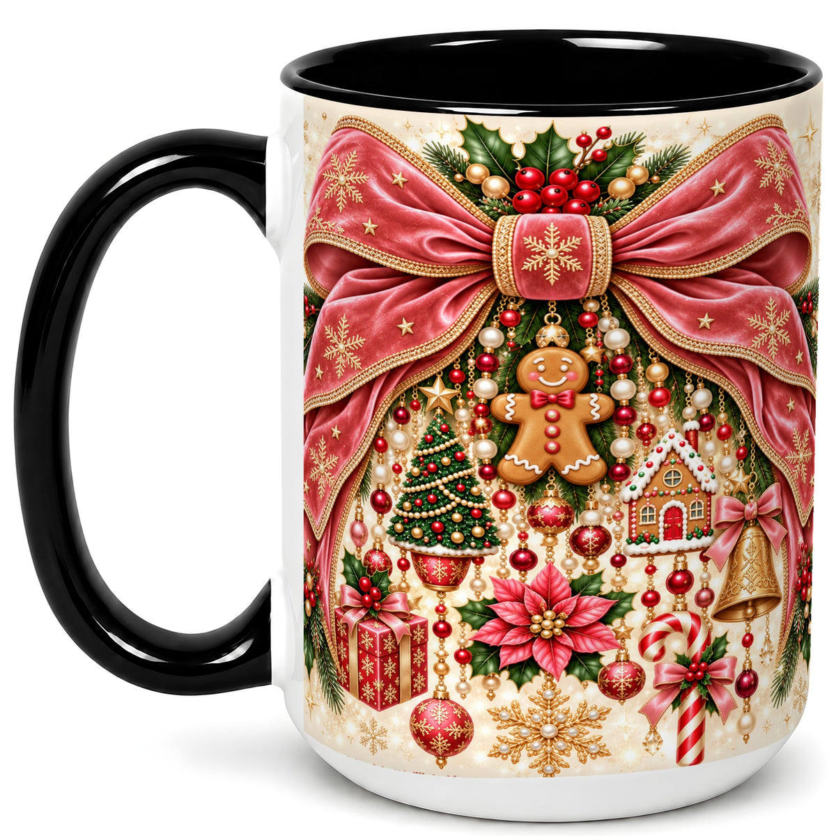 #pl[15oz|Black] Christmas Bow Coffee Mug, Festive Ribbon Mug, Ceramic Cup