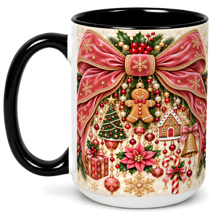 #pl[15oz|Black] Christmas Bow Coffee Mug, Festive Ribbon Mug, Ceramic Cup