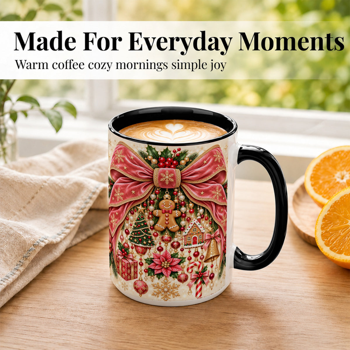#pl[15oz|Black] Christmas Bow Coffee Mug, Festive Ribbon Mug, Ceramic Cup