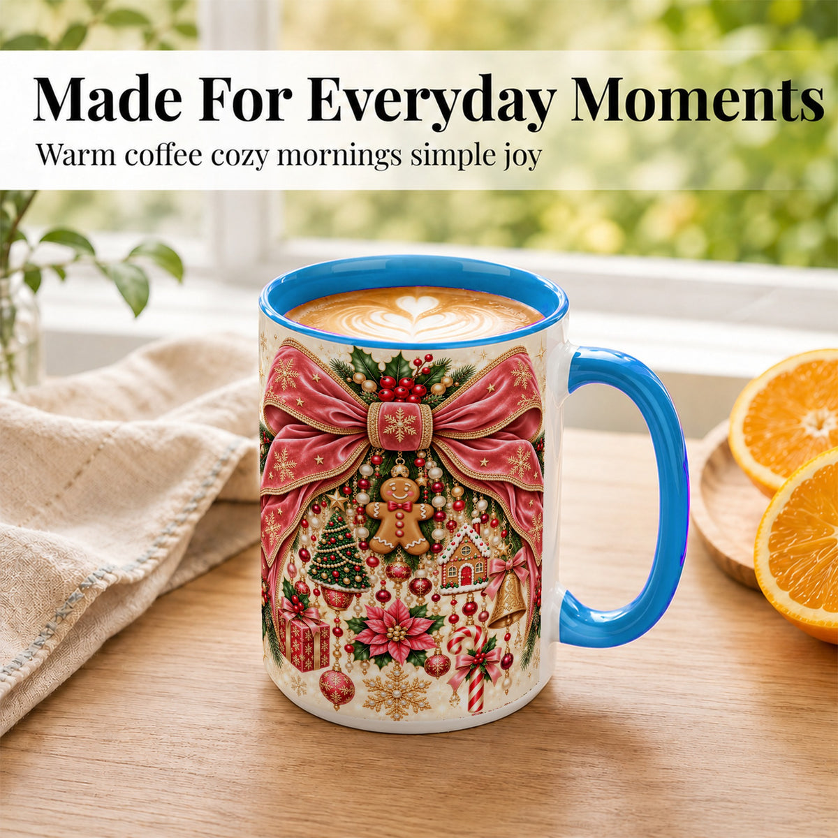 #pl[15oz|Blue] Christmas Bow Coffee Mug, Festive Ribbon Mug, Ceramic Cup