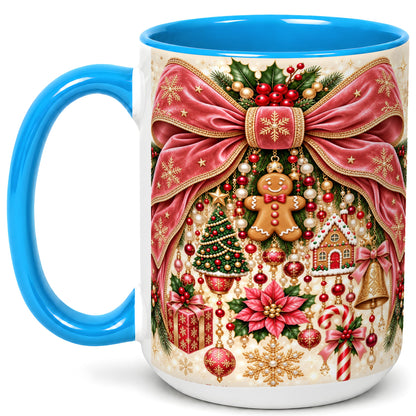 #pl[15oz|Blue] Christmas Bow Coffee Mug, Festive Ribbon Mug, Ceramic Cup
