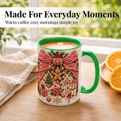 #pl[15oz|Green] Christmas Bow Coffee Mug, Festive Ribbon Mug, Ceramic Cup