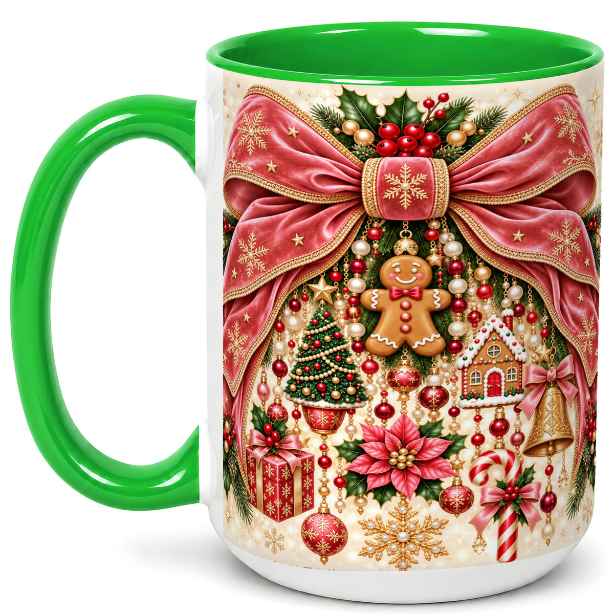 #pl[15oz|Green] Christmas Bow Coffee Mug, Festive Ribbon Mug, Ceramic Cup