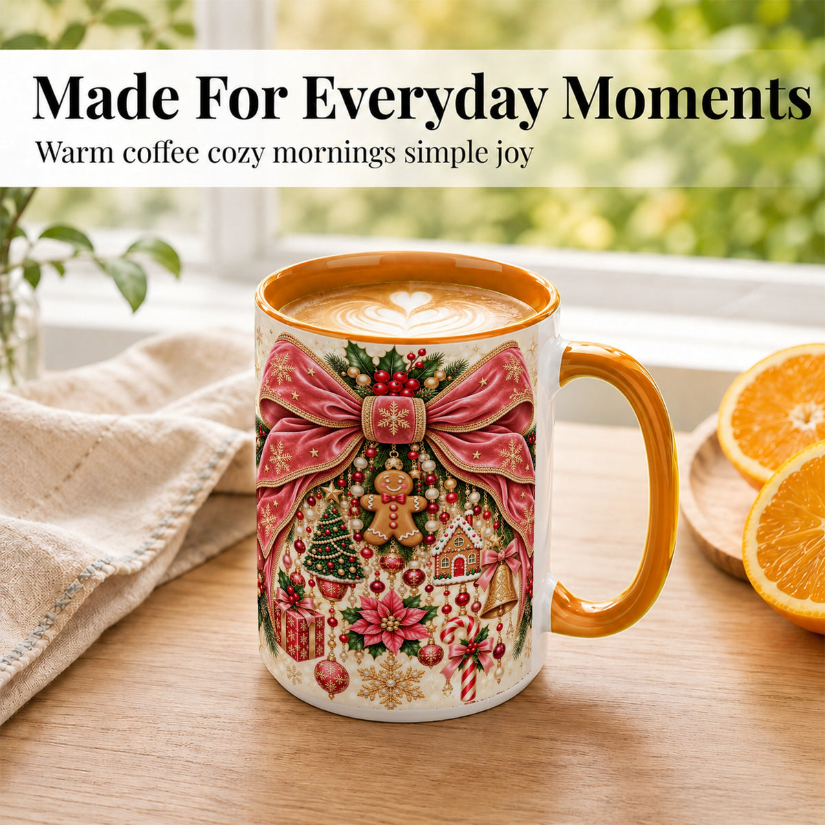 #pl[15oz|Orange] Christmas Bow Coffee Mug, Festive Ribbon Mug, Ceramic Cup