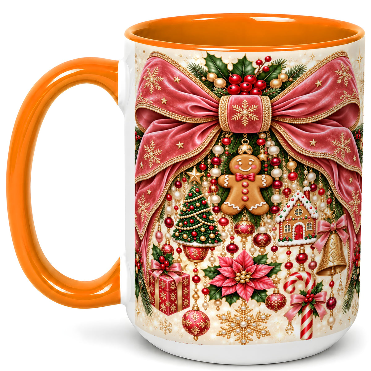 #pl[15oz|Orange] Christmas Bow Coffee Mug, Festive Ribbon Mug, Ceramic Cup