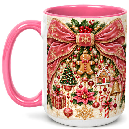 #pl[15oz|Pink] Christmas Bow Coffee Mug, Festive Ribbon Mug, Ceramic Cup