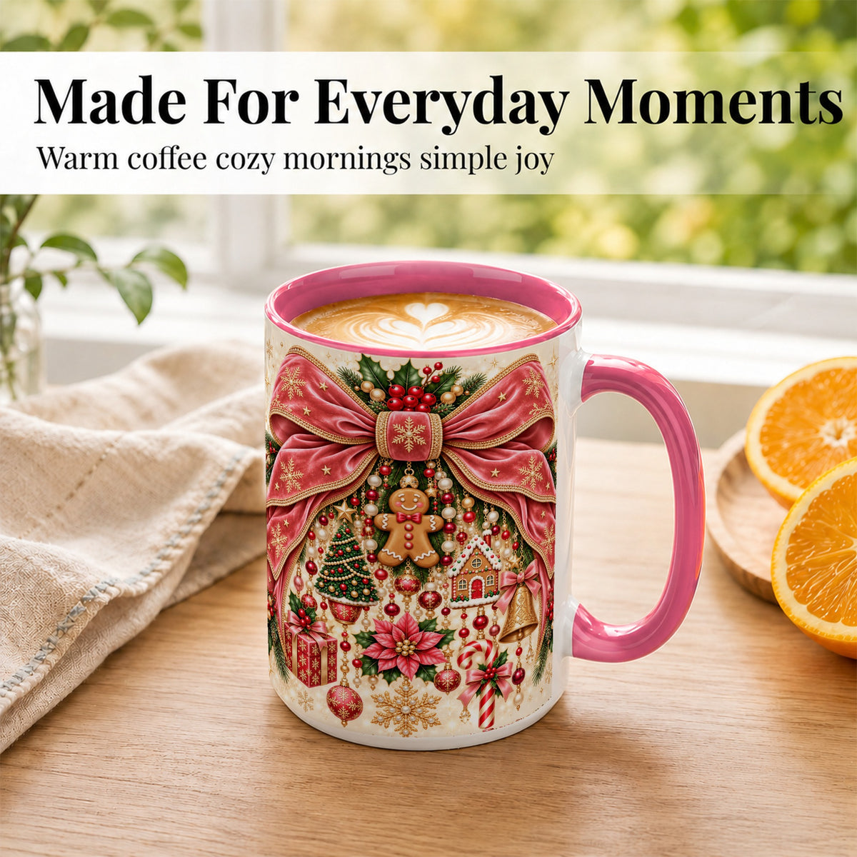 #pl[15oz|Pink] Christmas Bow Coffee Mug, Festive Ribbon Mug, Ceramic Cup