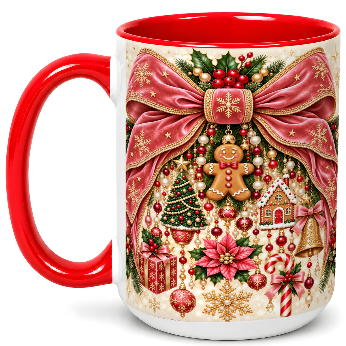 #pl[15oz|Red] Christmas Bow Coffee Mug, Festive Ribbon Mug, Ceramic Cup