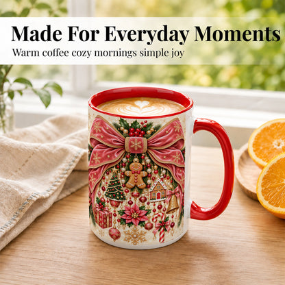 #pl[15oz|Red] Christmas Bow Coffee Mug, Festive Ribbon Mug, Ceramic Cup