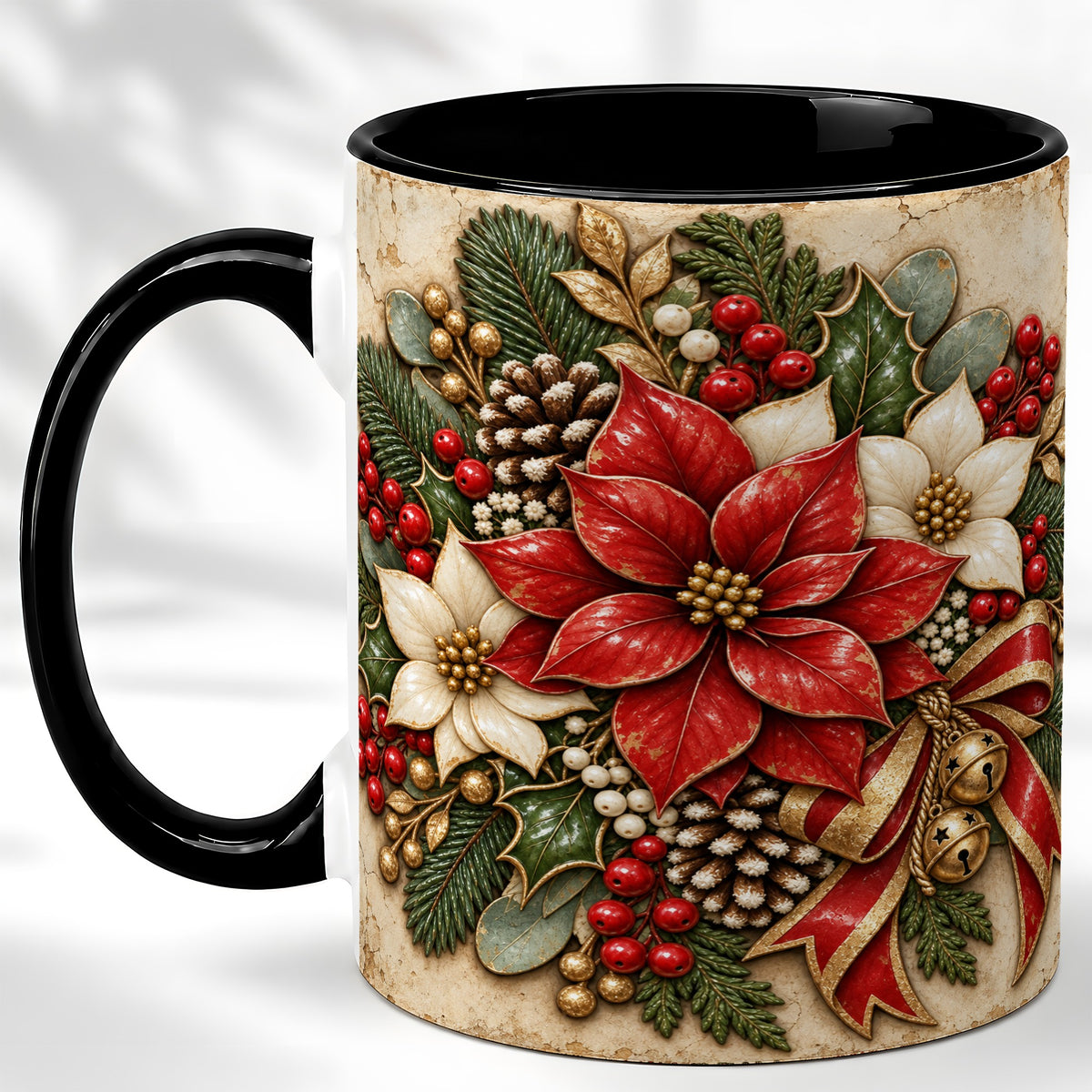 #pl[11oz|Black] Vintage Poinsettia Coffee Mug, Christmas Floral Mug, Ceramic Cup
