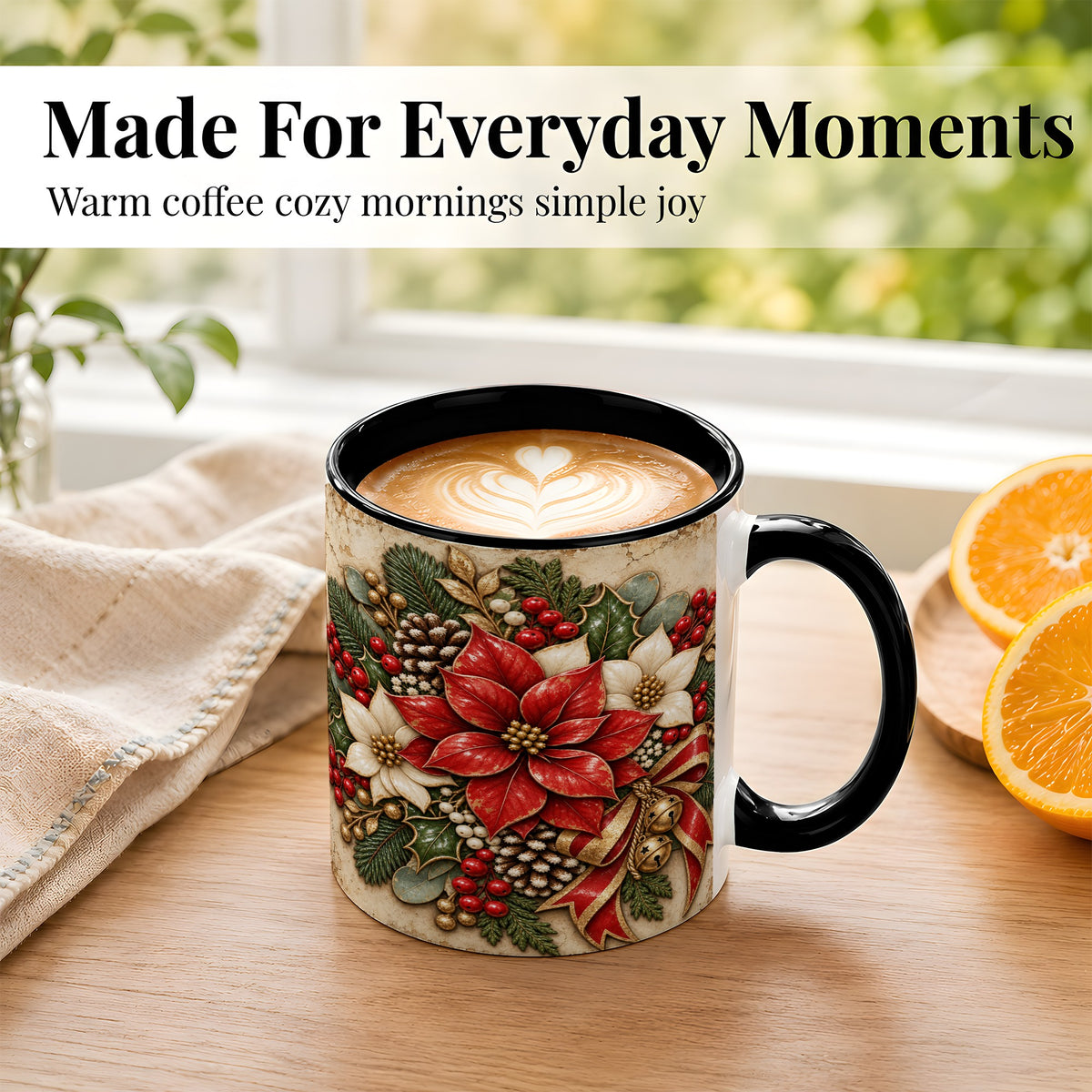 #pl[11oz|Black] Vintage Poinsettia Coffee Mug, Christmas Floral Mug, Ceramic Cup