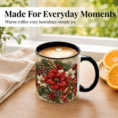 #pl[11oz|Black] Vintage Poinsettia Coffee Mug, Christmas Floral Mug, Ceramic Cup