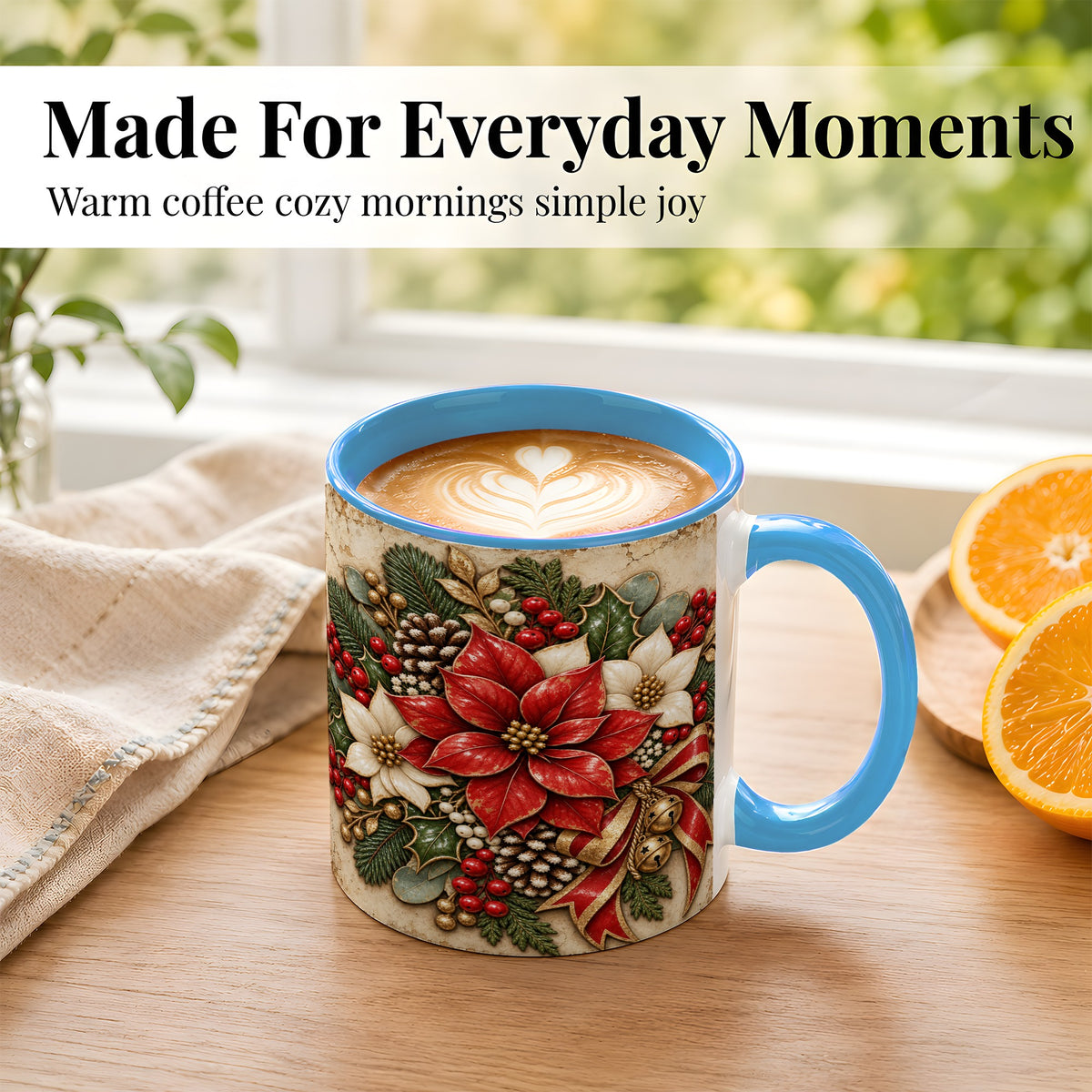 #pl[11oz|Blue] Vintage Poinsettia Coffee Mug, Christmas Floral Mug, Ceramic Cup