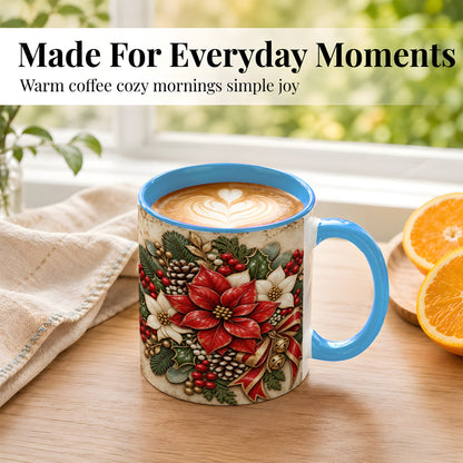 #pl[11oz|Blue] Vintage Poinsettia Coffee Mug, Christmas Floral Mug, Ceramic Cup