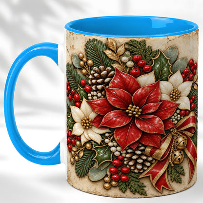 #pl[11oz|Blue] Vintage Poinsettia Coffee Mug, Christmas Floral Mug, Ceramic Cup