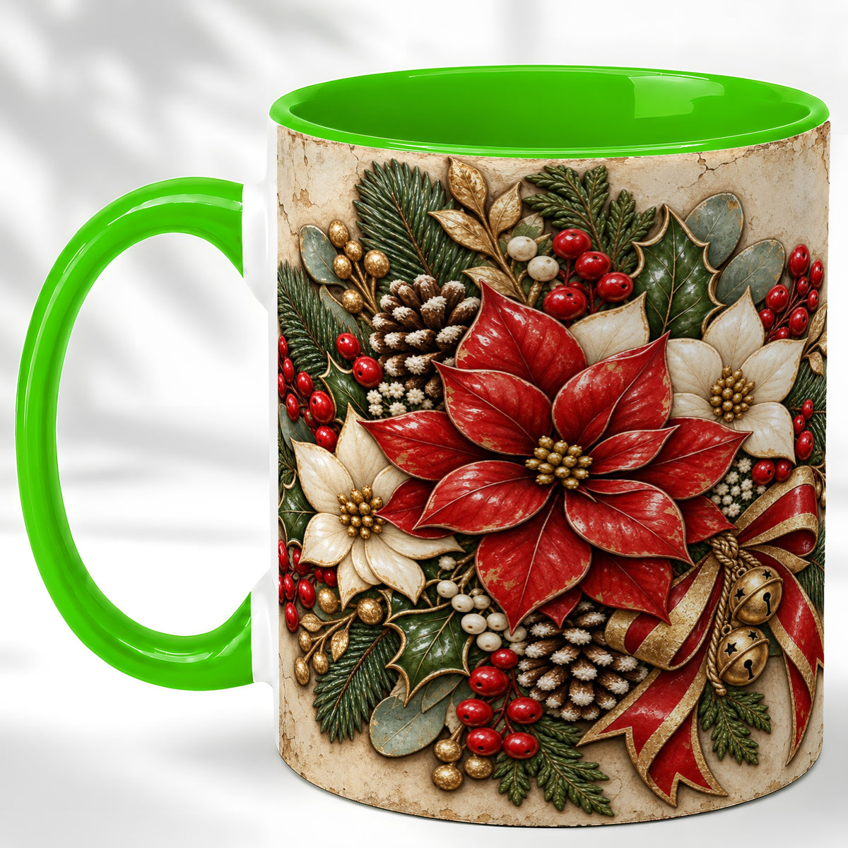 #pl[11oz|Green] Vintage Poinsettia Coffee Mug, Christmas Floral Mug, Ceramic Cup