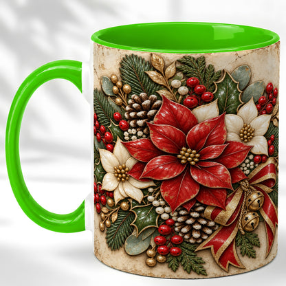#pl[11oz|Green] Vintage Poinsettia Coffee Mug, Christmas Floral Mug, Ceramic Cup