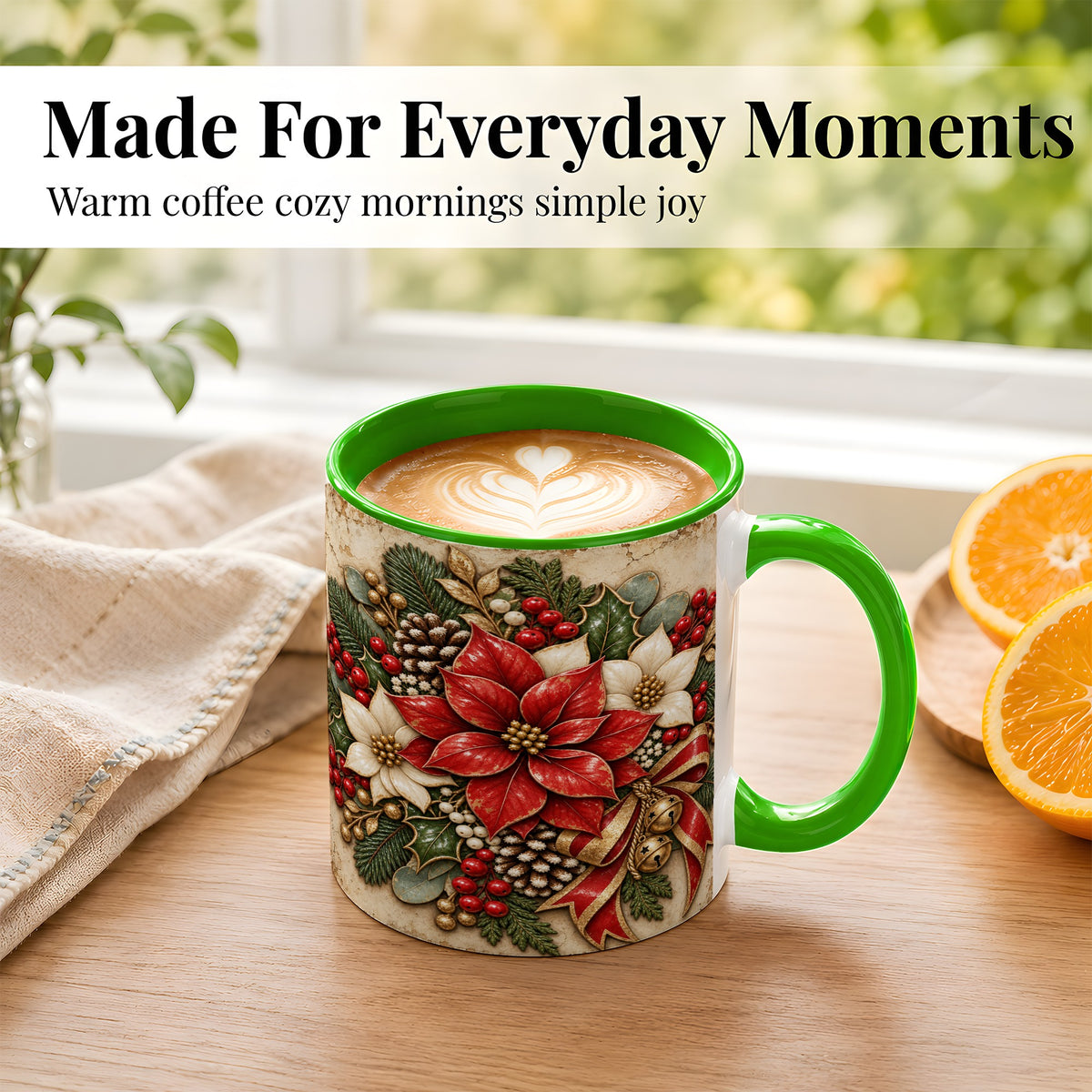 #pl[11oz|Green] Vintage Poinsettia Coffee Mug, Christmas Floral Mug, Ceramic Cup