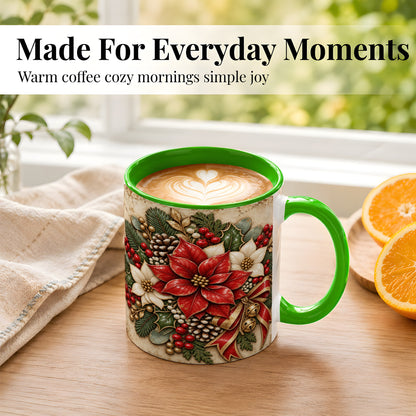 #pl[11oz|Green] Vintage Poinsettia Coffee Mug, Christmas Floral Mug, Ceramic Cup