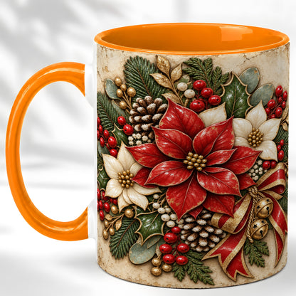 #pl[11oz|Orange] Vintage Poinsettia Coffee Mug, Christmas Floral Mug, Ceramic Cup