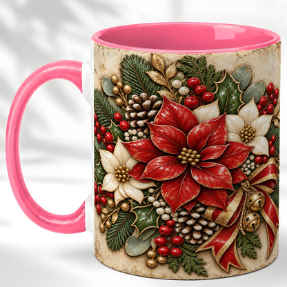 #pl[11oz|Pink] Vintage Poinsettia Coffee Mug, Christmas Floral Mug, Ceramic Cup