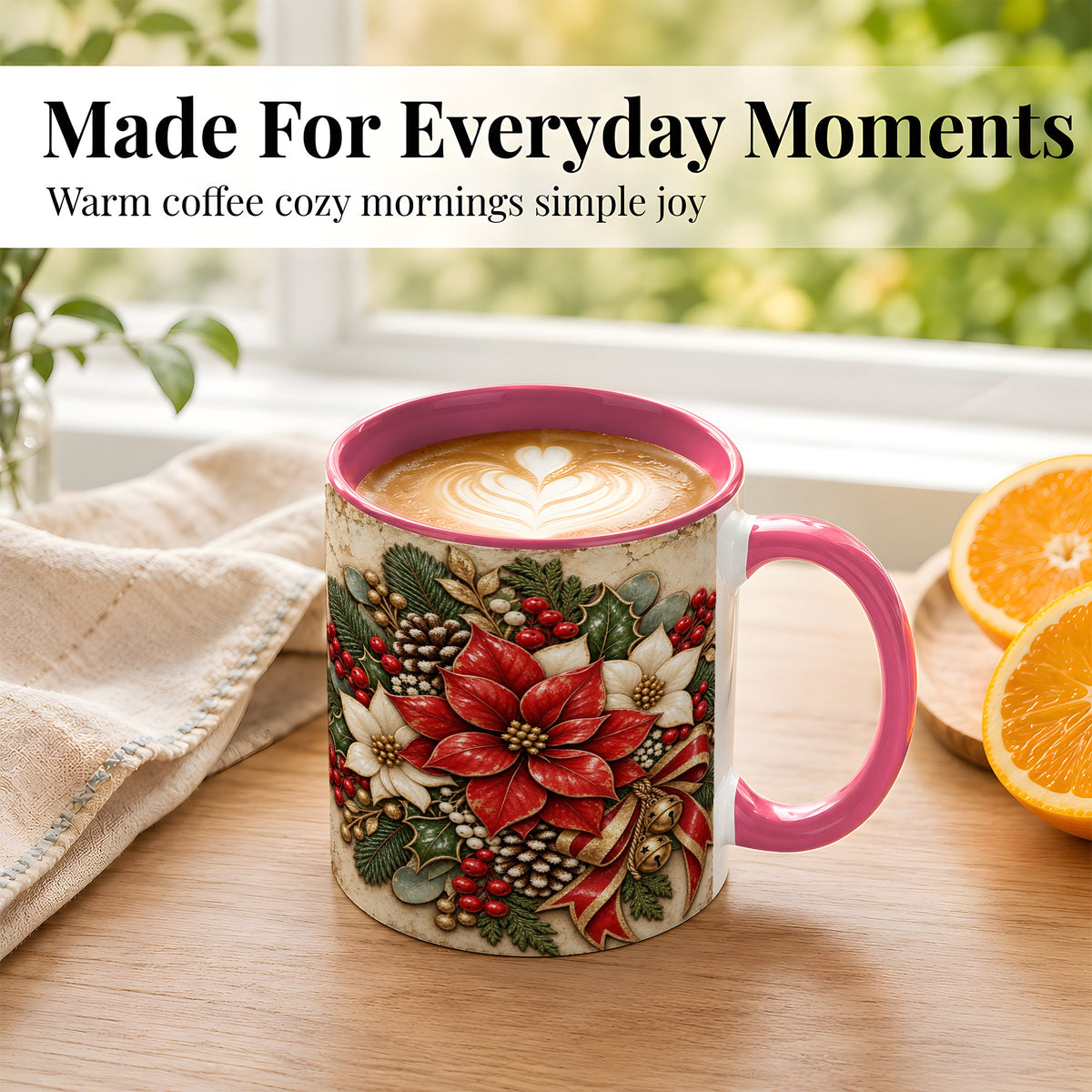 #pl[11oz|Pink] Vintage Poinsettia Coffee Mug, Christmas Floral Mug, Ceramic Cup