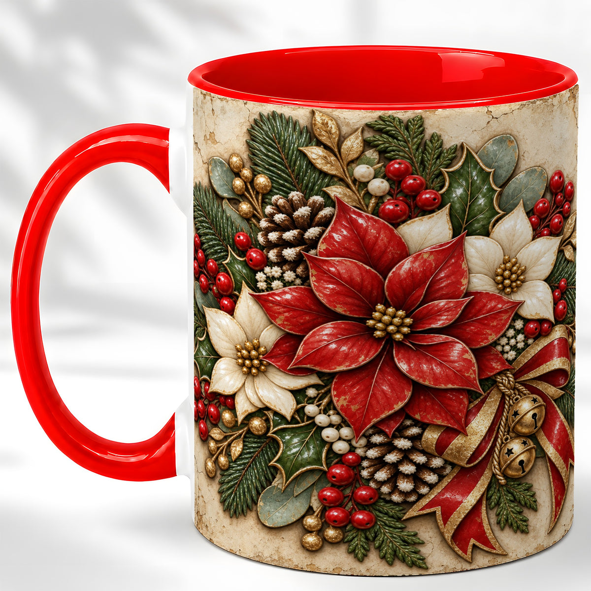 Vintage Poinsettia Coffee Mug, Christmas Floral Mug, Ceramic Cup