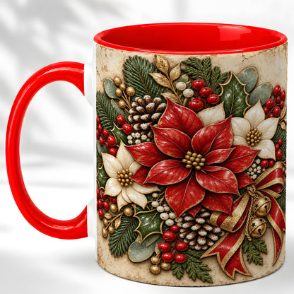 Vintage Poinsettia Coffee Mug, Christmas Floral Mug, Ceramic Cup