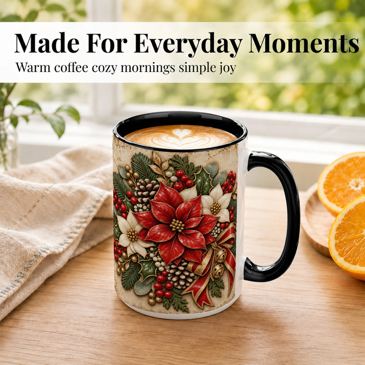 #pl[15oz|Black] Vintage Poinsettia Coffee Mug, Christmas Floral Mug, Ceramic Cup