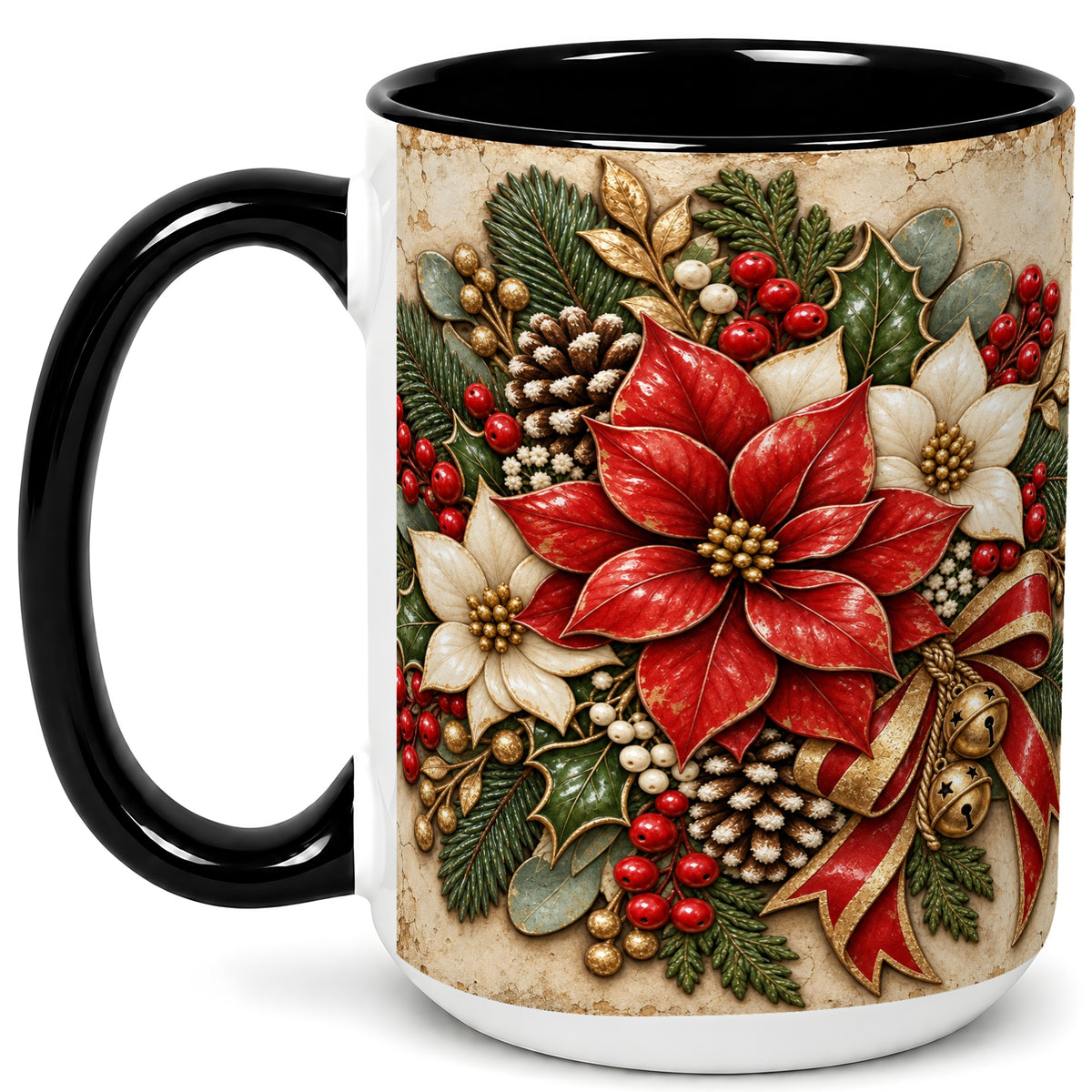 #pl[15oz|Black] Vintage Poinsettia Coffee Mug, Christmas Floral Mug, Ceramic Cup