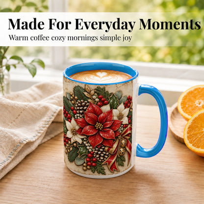 #pl[15oz|Blue] Vintage Poinsettia Coffee Mug, Christmas Floral Mug, Ceramic Cup