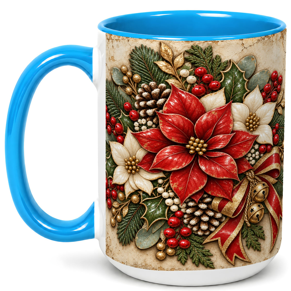 #pl[15oz|Blue] Vintage Poinsettia Coffee Mug, Christmas Floral Mug, Ceramic Cup