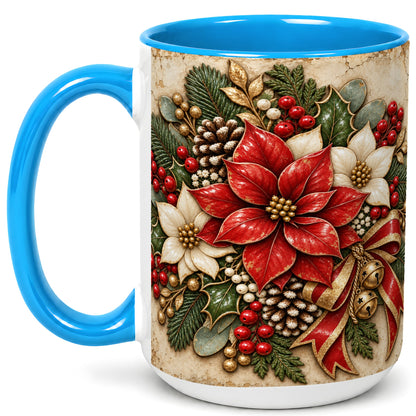 #pl[15oz|Blue] Vintage Poinsettia Coffee Mug, Christmas Floral Mug, Ceramic Cup