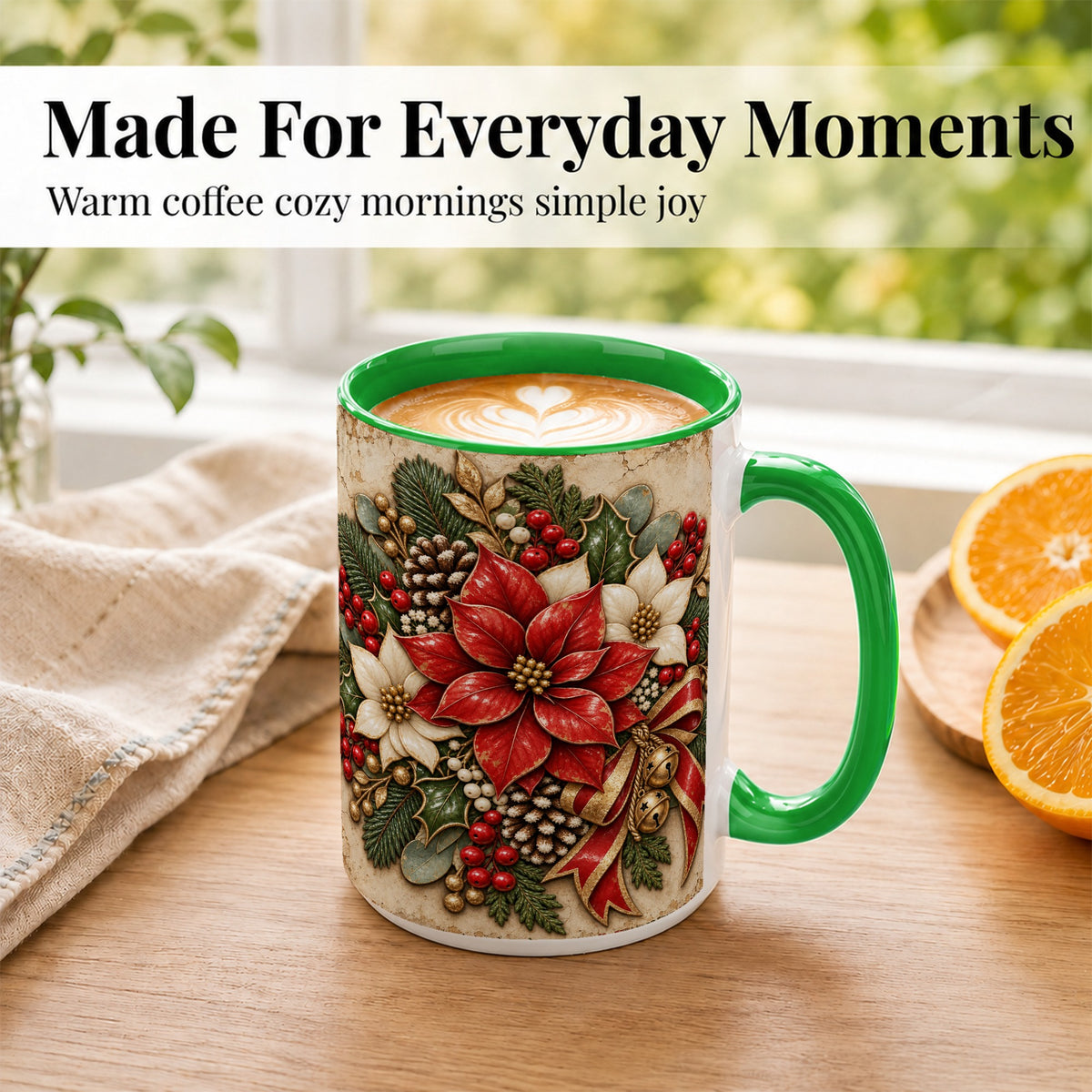 #pl[15oz|Green] Vintage Poinsettia Coffee Mug, Christmas Floral Mug, Ceramic Cup