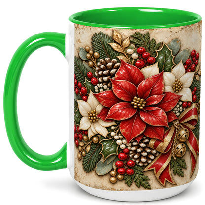 #pl[15oz|Green] Vintage Poinsettia Coffee Mug, Christmas Floral Mug, Ceramic Cup