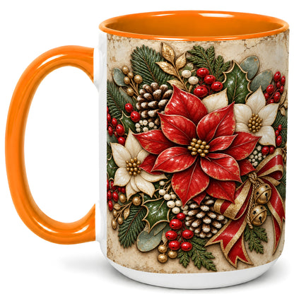 #pl[15oz|Orange] Vintage Poinsettia Coffee Mug, Christmas Floral Mug, Ceramic Cup