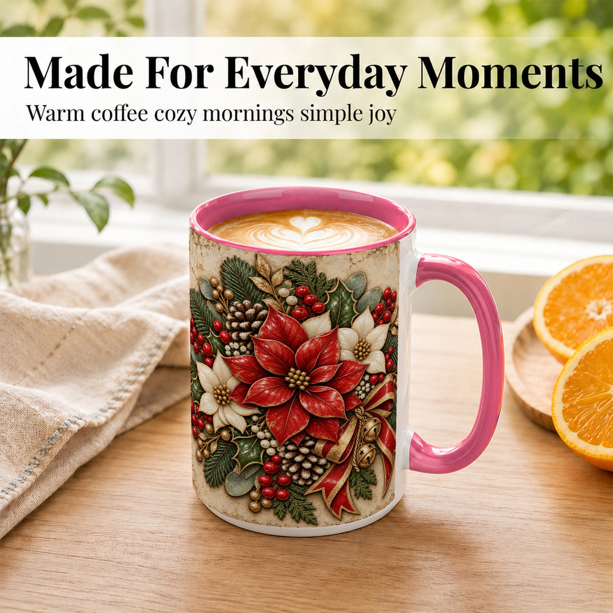 #pl[15oz|Pink] Vintage Poinsettia Coffee Mug, Christmas Floral Mug, Ceramic Cup