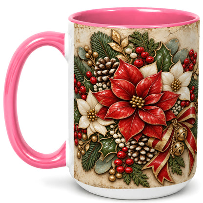 #pl[15oz|Pink] Vintage Poinsettia Coffee Mug, Christmas Floral Mug, Ceramic Cup