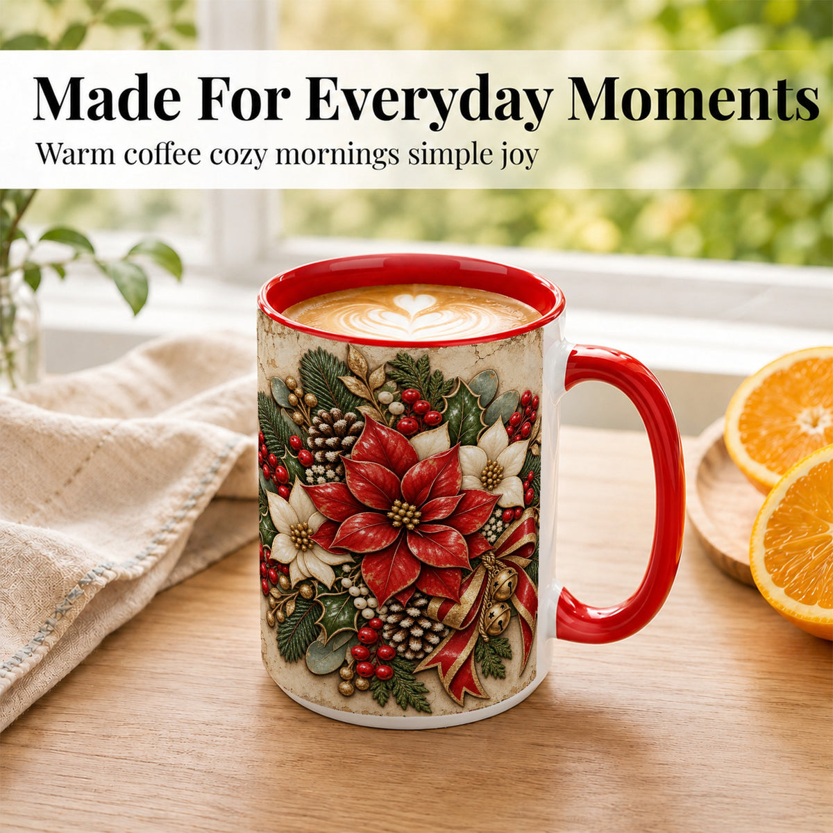 #pl[15oz|Red] Vintage Poinsettia Coffee Mug, Christmas Floral Mug, Ceramic Cup