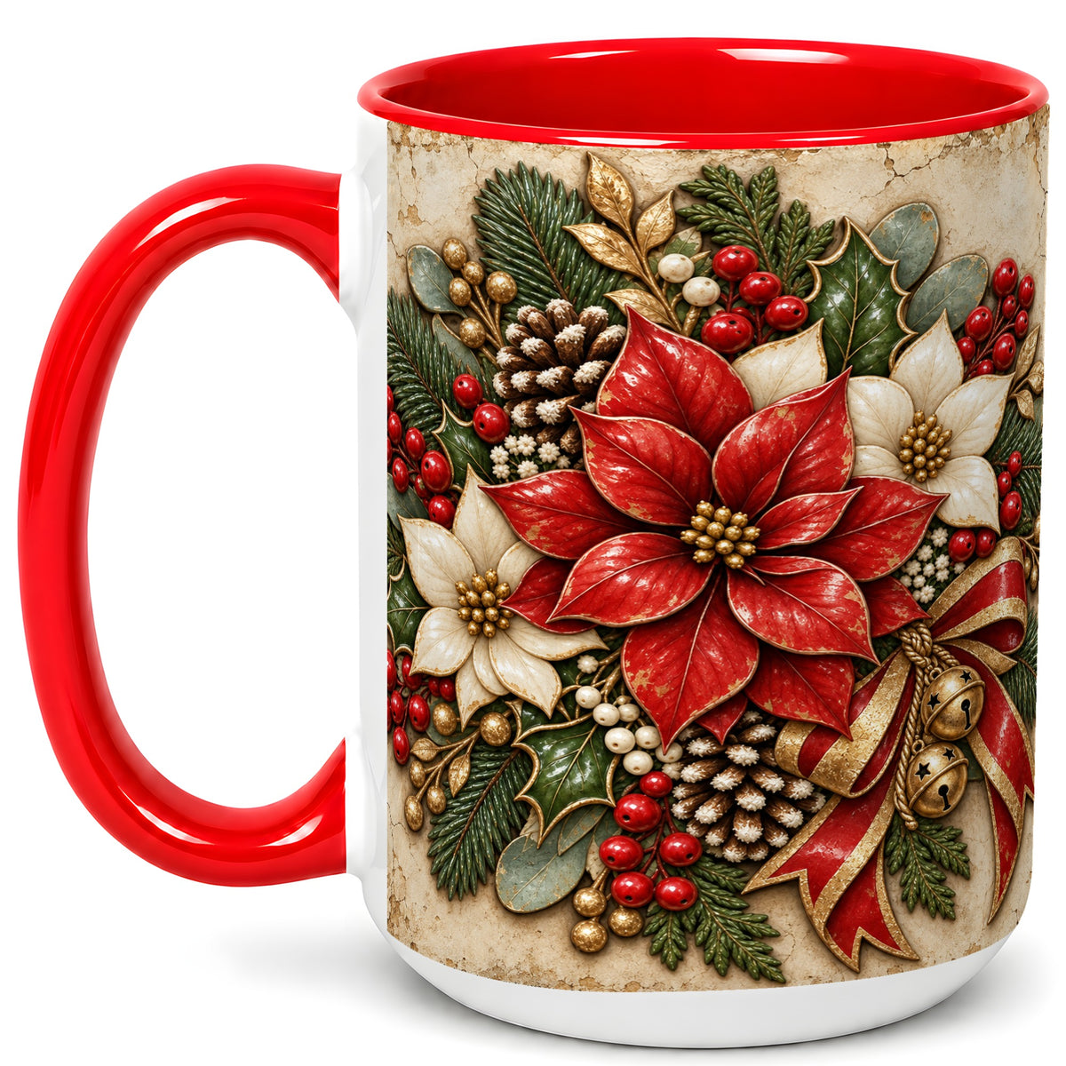 #pl[15oz|Red] Vintage Poinsettia Coffee Mug, Christmas Floral Mug, Ceramic Cup