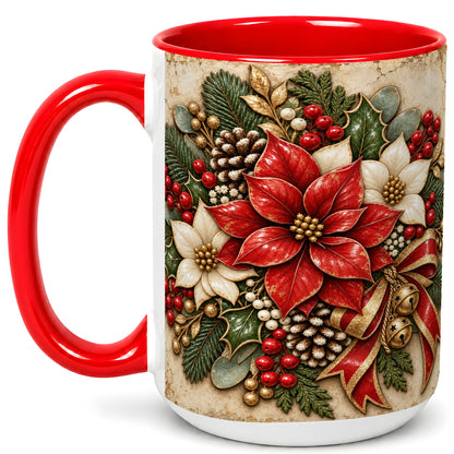 #pl[15oz|Red] Vintage Poinsettia Coffee Mug, Christmas Floral Mug, Ceramic Cup