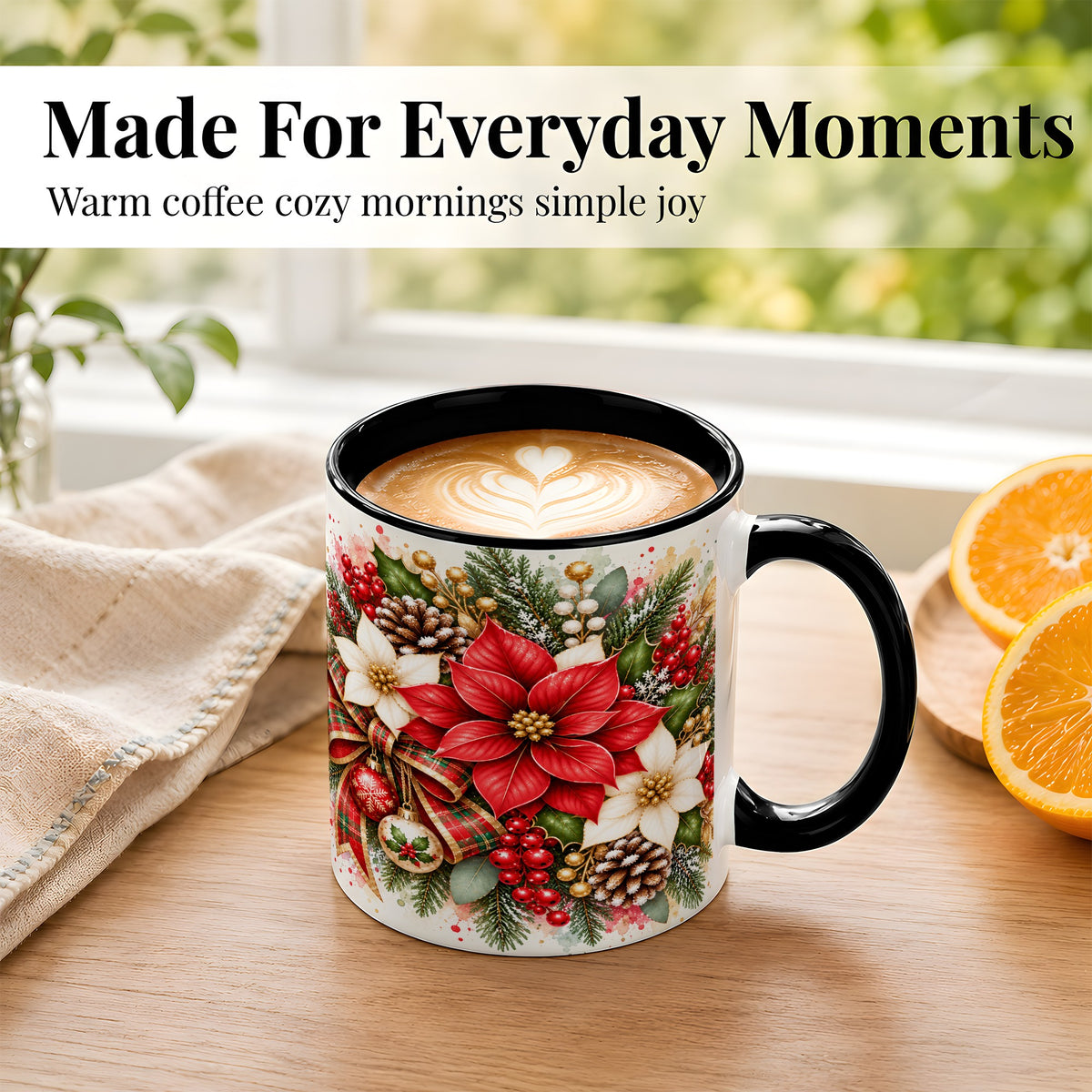 #pl[11oz|Black] Christmas Poinsettia Coffee Mug, Plaid Bow Floral Mug, Ceramic Cup